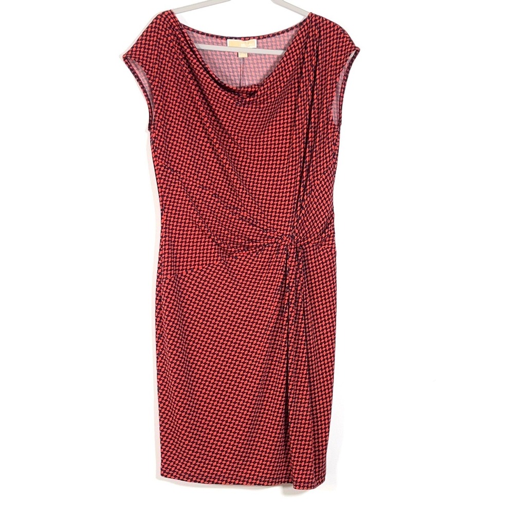Michael Kors Cowl Neck Sheath Dress Womens Sz L Red Geometric Ruched‎ Cap Sleeve
